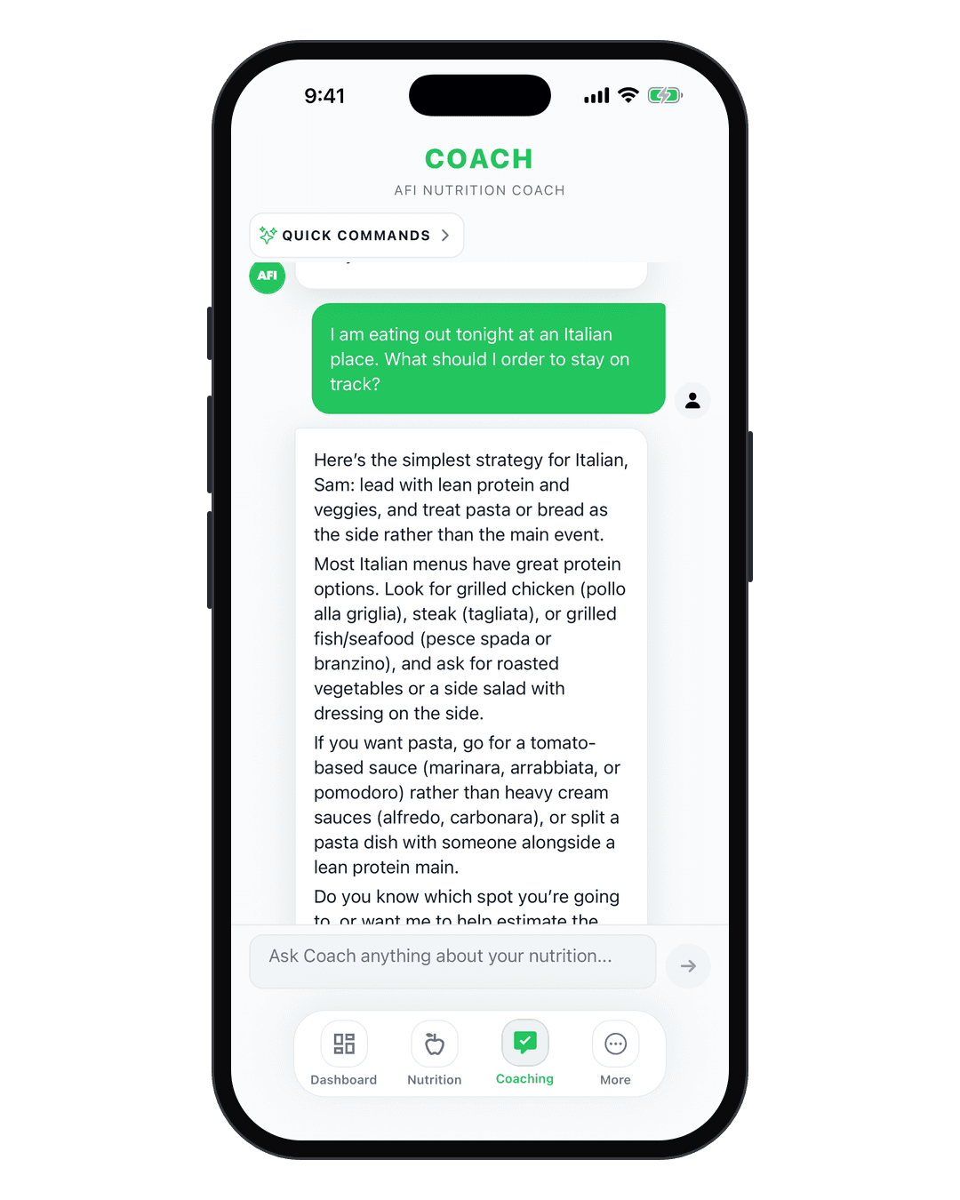 AFI Nutrition coach chat