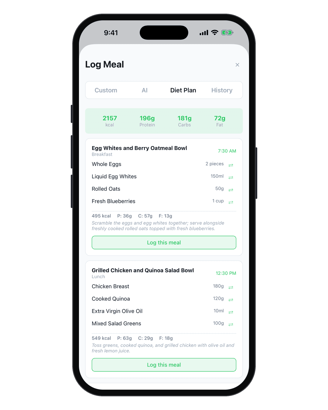 AFI Nutrition meal plan for the day