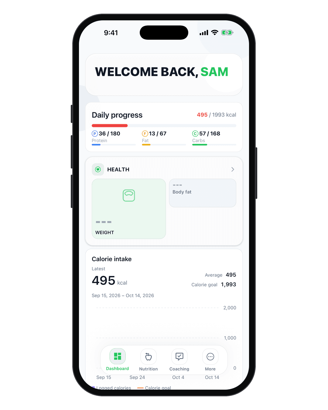 AFI Nutrition dashboard with the daily calorie and macro progress