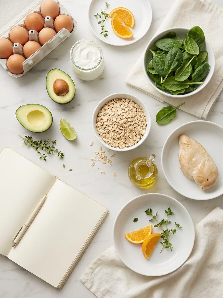 Whole foods laid out on a marble counter next to a notebook