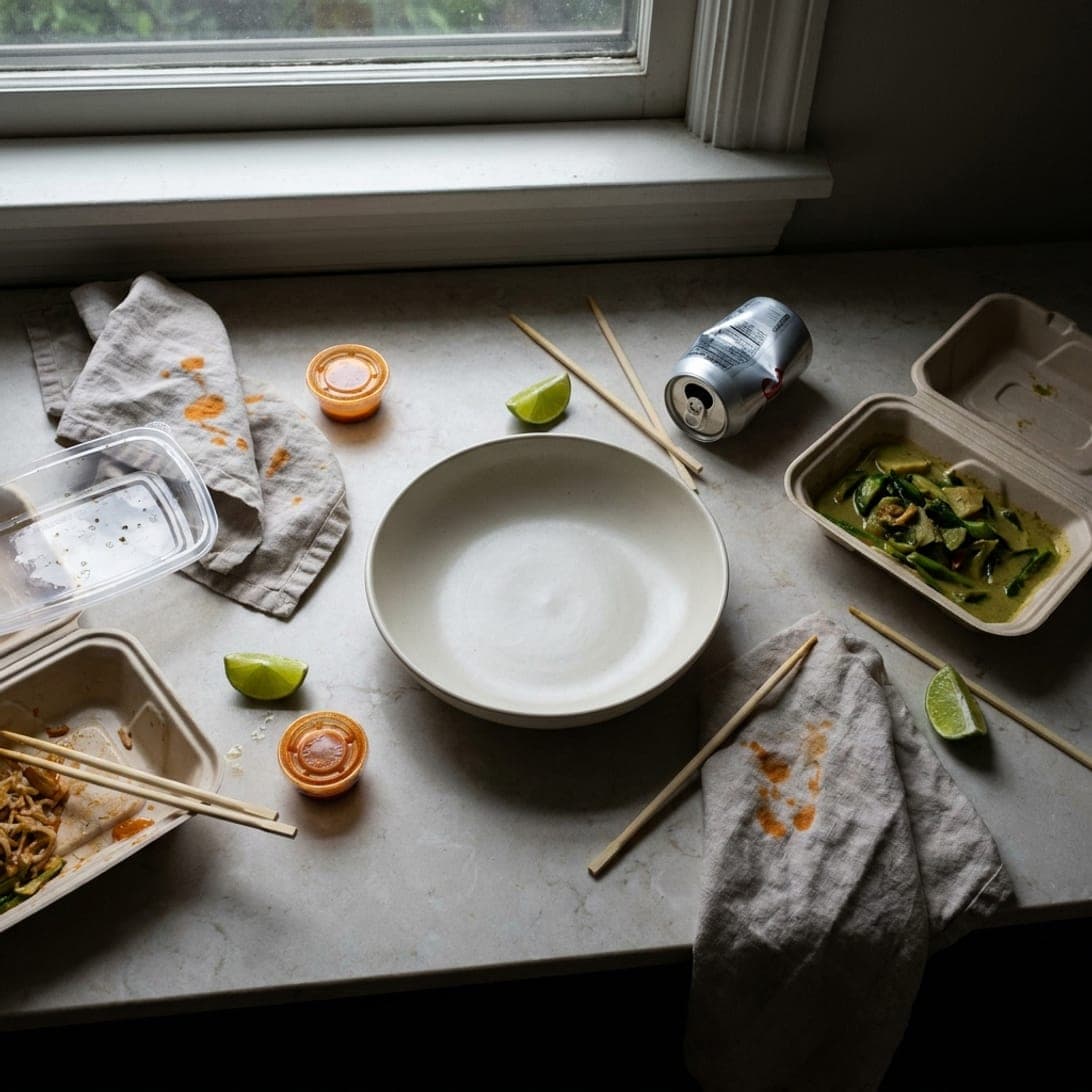 Takeout containers and a soda can on a dim table